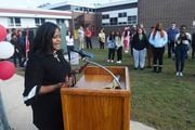 Penns Grove Mayor Ladaena Thomas speaks at at a ribbon cutting for an aquaponics lab. Penns Grove high School was awarded $10,000 Sustainable Jersey for schools grant funded by the New Jersey Education Association for an aquaponics lab.