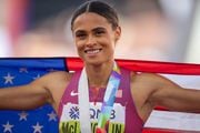 Sydney McLaughlin poses for a photo after winning gold and setting a world record for the women’s 400 meter hurdles at the World Athletics Championships at Hayward Field on Friday, July 22, 2022, in Eugene. Vickie Connor/The Oregonian
