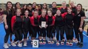 Coach Alexa Perez (far left, back row) poses with her Hunterdon Central gymnastics team after a third-place finish at the NJSIAA Team Championships.