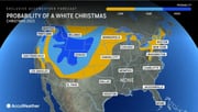 This forecast map from AccuWeather shows only a small swath of the United States — mainly the northwestern region — has a good chance of seeing a white Christmas in 2023.