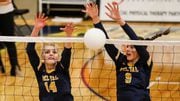 Skylee Ohler (14) and Abbey Bivona (9) of Delaware Valley go for a block during the NJSIAA Group 1 girls volleyball  final between Bogota and Delaware Valley at Franklin High School in Franklin, NJ on Sunday, November 13, 2022.