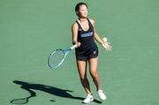 Kristina Wang of Princeton Day hits a return in second singles during the NJSIAA Girl Tennis Group Finals at Mercer County Park in West Windsor, NJ on Thursday, October 20, 2022.