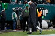 Eagles wide receiver DeVonta Smith was seen on crutches and in a walking boot after the Eagles' 35-31 loss to the Arizona Cardinals Sunday.